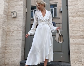 white dress Wedding dress wiht sleeves White silk wrap dress for elopement Civil wedding dress Silk flared romantic dress rehearsal dinner