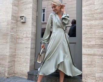Sage green silk wrap dress Midi silk olive dress with bishop sleeve Silk v neck flared skirt Romantic dress occasions Bridesmaid wrap dress