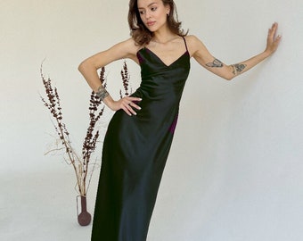 Satin dress casual V neck long dress Wedding guest dress Black dresses Prom dress black Silky dress for every day Black bridesmaid's dress