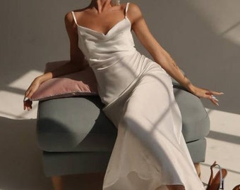 Reception dress Slip wedding dress White slip dress cowl neck Satin midi wedding dress open back Elopement silk dress Simple bridal dress