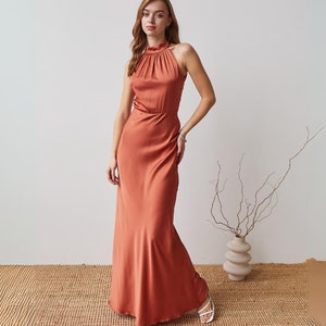 Rust bridesmaid dress Brunt orange dress Satin maxi dress halter Silk dress halter neck Floor lenght prom dress Copper dress Hannah dress
