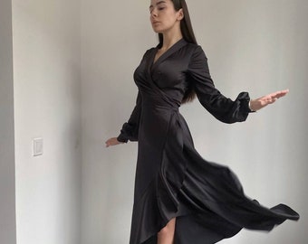 Black Dress With Sleeves Black Dress Silky Dress With Sleeves Wrap Silk  Dress Satin Dress Long Sleeve Graduation Dress Black Janne Dress - Etsy