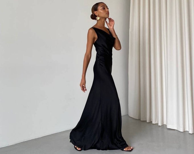 Satin Cowl Neck Mermaid Dress Black