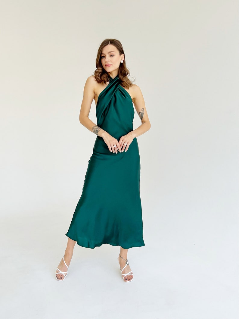 Gold dress Satin bridesmaid midi dress Halter neck dress Silk bias slip dress Prom dress Halter satin dress Graduation dress Bella dress Emerald