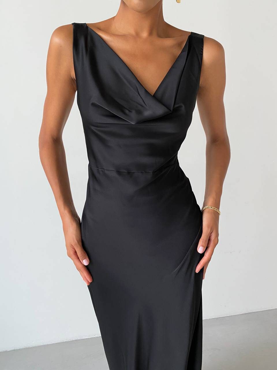 black satin cowl neck ring detail bodycon dress Lady Black Tie - Beatrice Gown - A-line Dress With Draped Cowl Back