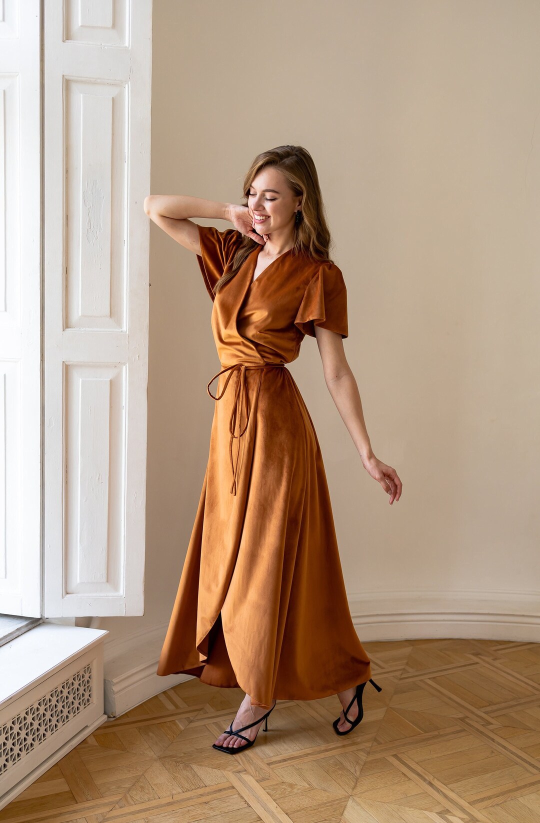 velvet wrap bridesmaid dress Hunter Green Velvet V-Neck Bridesmaid Dress Sheath Midi main image 0
