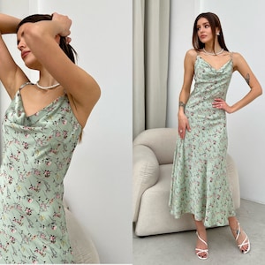 Sage green printed slip dress cowl neck Silk midi dress Sage green dress Sage floral dress Satin dress Homecoming dress Kelly dress