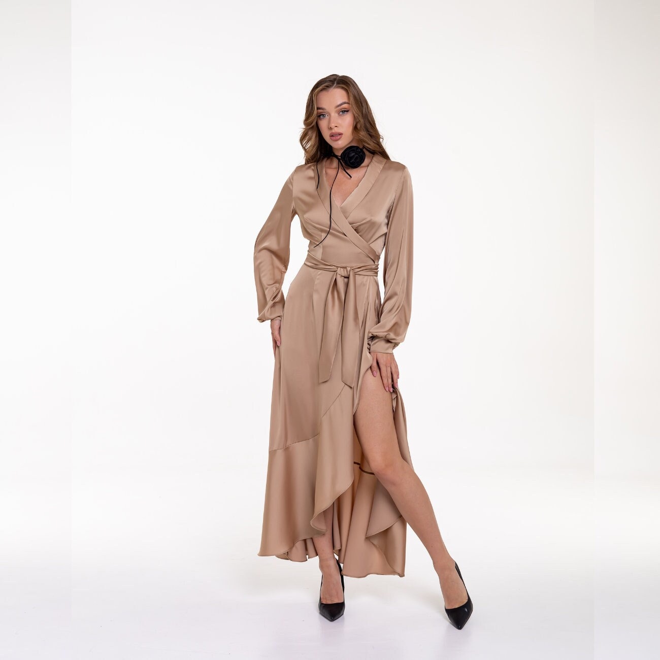 Satin wrap dress, Gold dune bridesmaid dress, Satin dress with sleeves, satin silk dress, boho bridesmaid dress, long wrap dress Janne dress