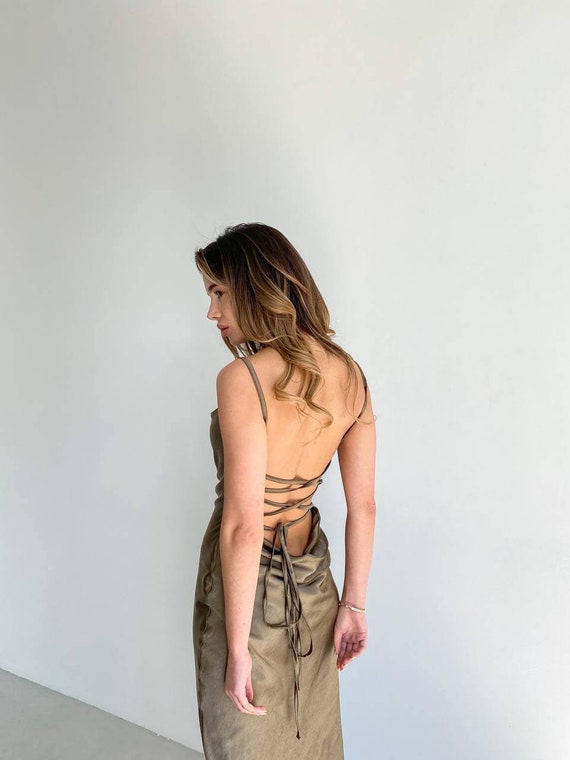 Khaki Satin Slip Dress Cowl Neck Dark Olive Midi Dress Open Back Olive Green Dress Dress for Bridesmaid Satin Dress With Lace up Chloe Dress Etsy