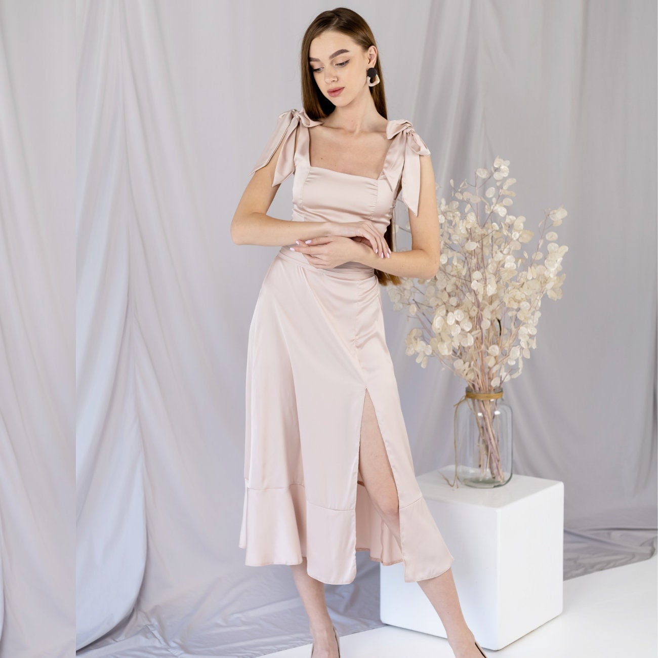 Champagne Satin Dress Satin Bridesmaid's Dress Midi Bridesmaid Satin Dress with Bow Straps Satin Bridesmaid Dress Pastel Dress Alexa Dress