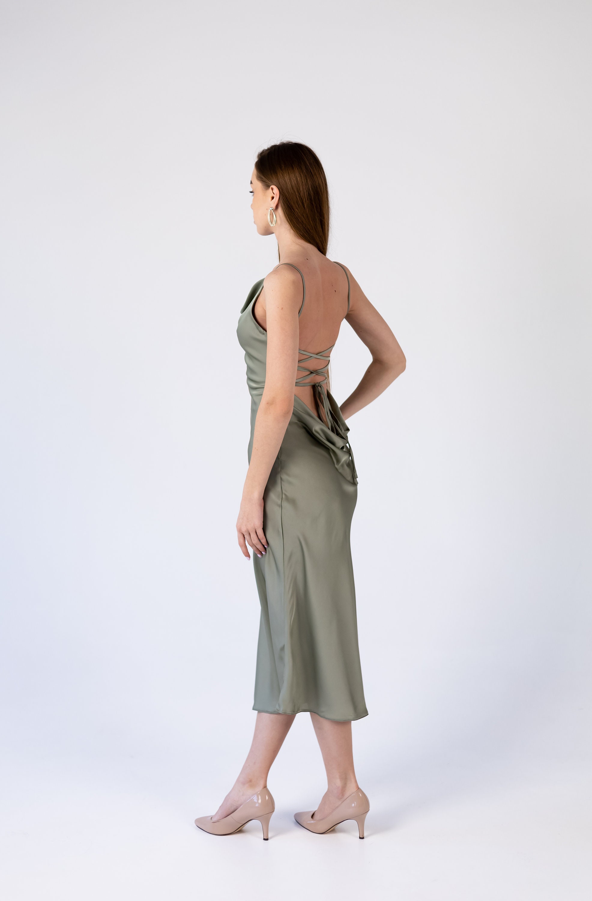 white green style dress Olive Green Ruched Maxi Dress - Maxi Dresses main image 0