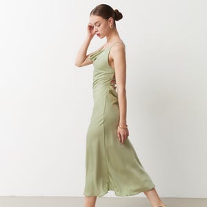 Sage green silk slip midi dress lace back Light green off shoulder Elegant pistachio dress special Dress bridesmaid wedding Chloe dress image 5