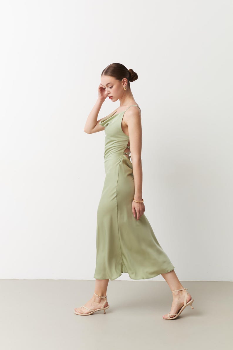 Sage green silk slip midi dress lace back Light green off shoulder Elegant pistachio dress special Dress bridesmaid wedding Chloe dress image 5