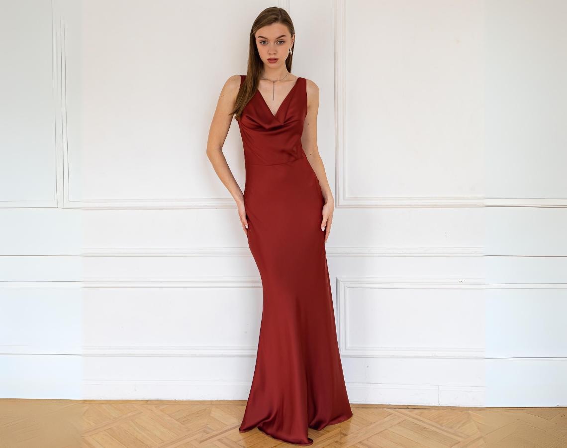 Formal maxi dress Satin coctail dress Cowl neckline dress Mermaid Formal dress dark red Rust dress Occasion maxi dress Paula dress