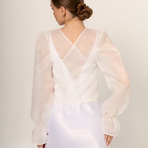 Bridal bolero Classic Organza Jacket Transparent Jacket Wrap organza blazer long bishop sleeve See through white blouse image 3