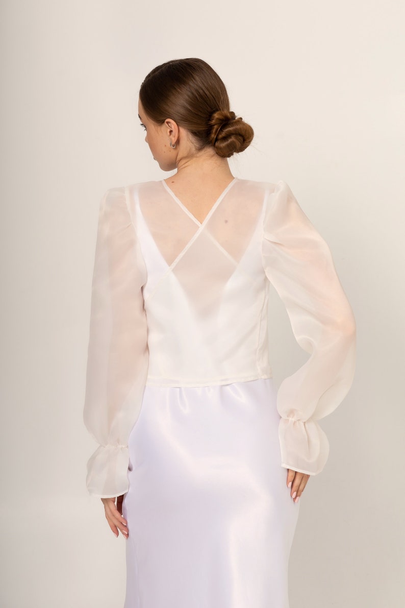 Bridal bolero Classic Organza Jacket Transparent Jacket Wrap organza blazer long bishop sleeve See through white blouse image 3