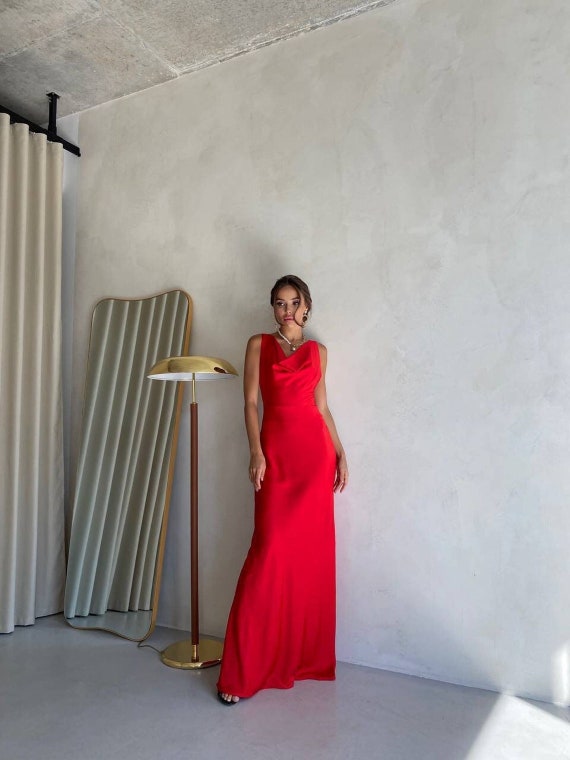 サテンカウルネックドレス サテンロングドレス ブライズメイドドレス