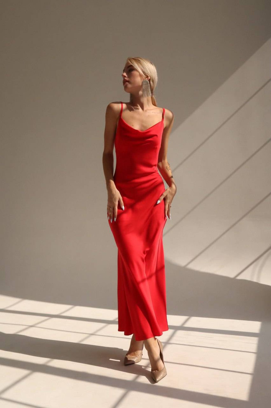 Red Silk Slip Dress Cowl Neck Silk Midi Dress With Bare Etsy UK