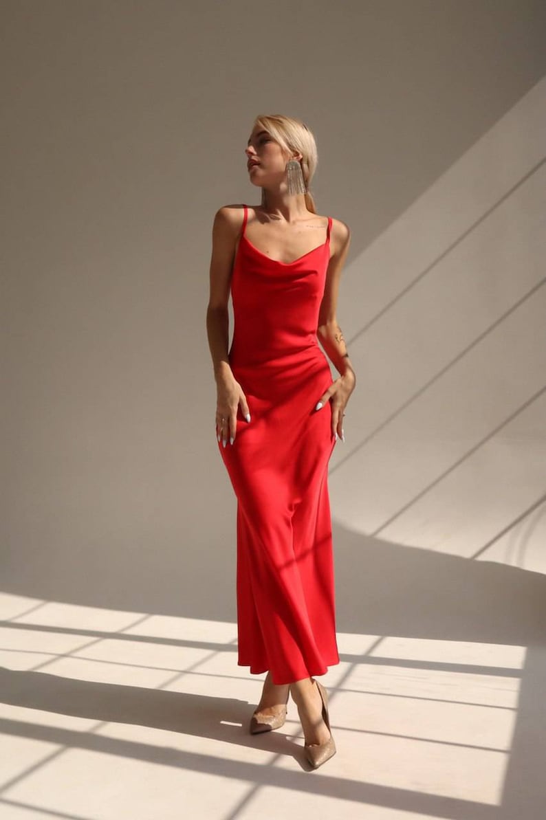 Kelly dress Red silk slip dress cowl neck Satin midi dress Red silk slip dress Silk dress Satin dress Silk slip dress Sundress for summer image 2