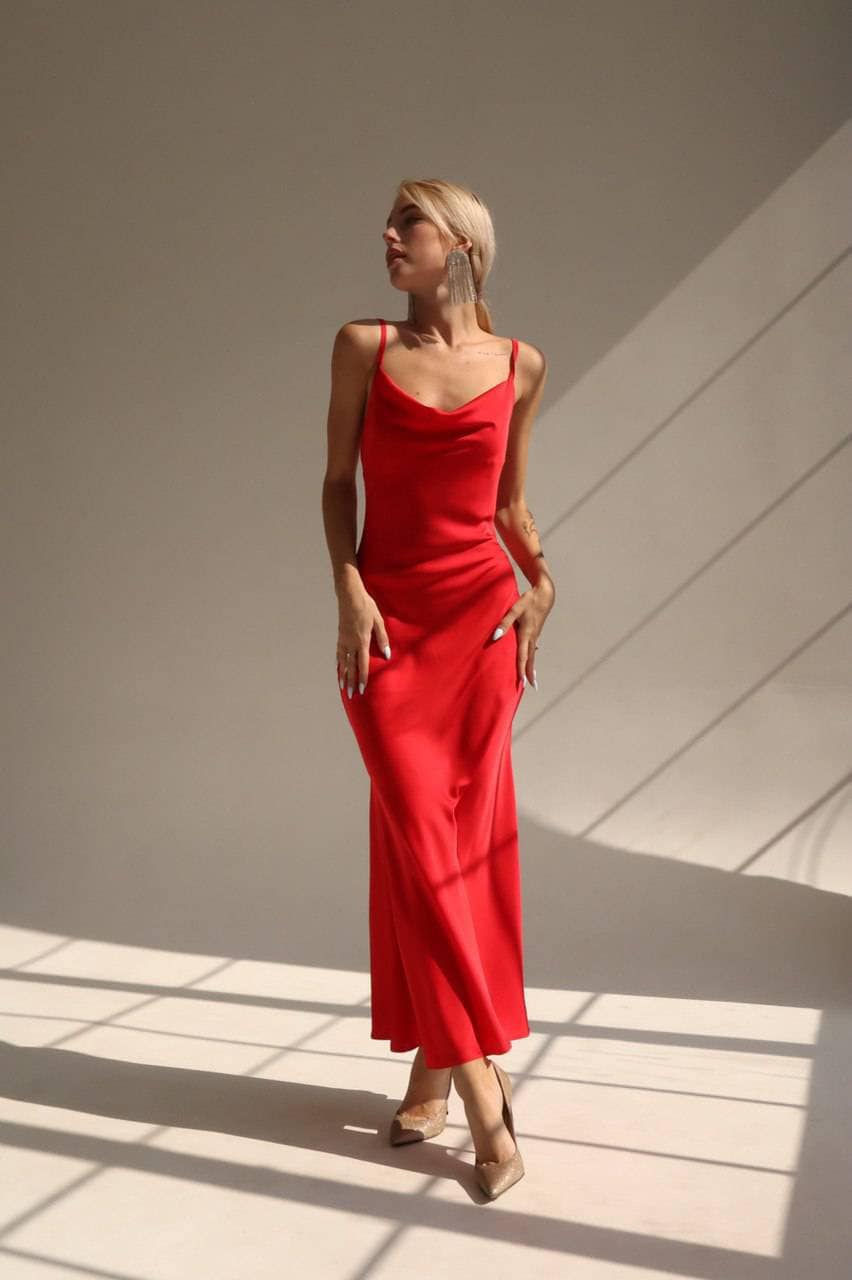 Red Silk Slip Dress Cowl Neck Silk Midi ...