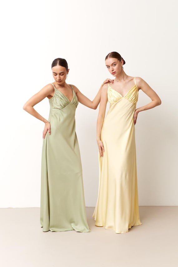 pastel green satin dress Fleur du Mal | Silk V Slip Dress | Pastel Lime main image 0