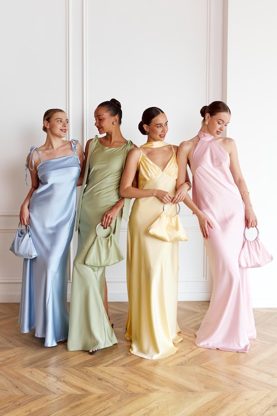 open lace back dress Pastel Color Silk Satin Sleeveless Sheath With Back Slit Ankle Length  Bridesmaid Dresses, CB0338