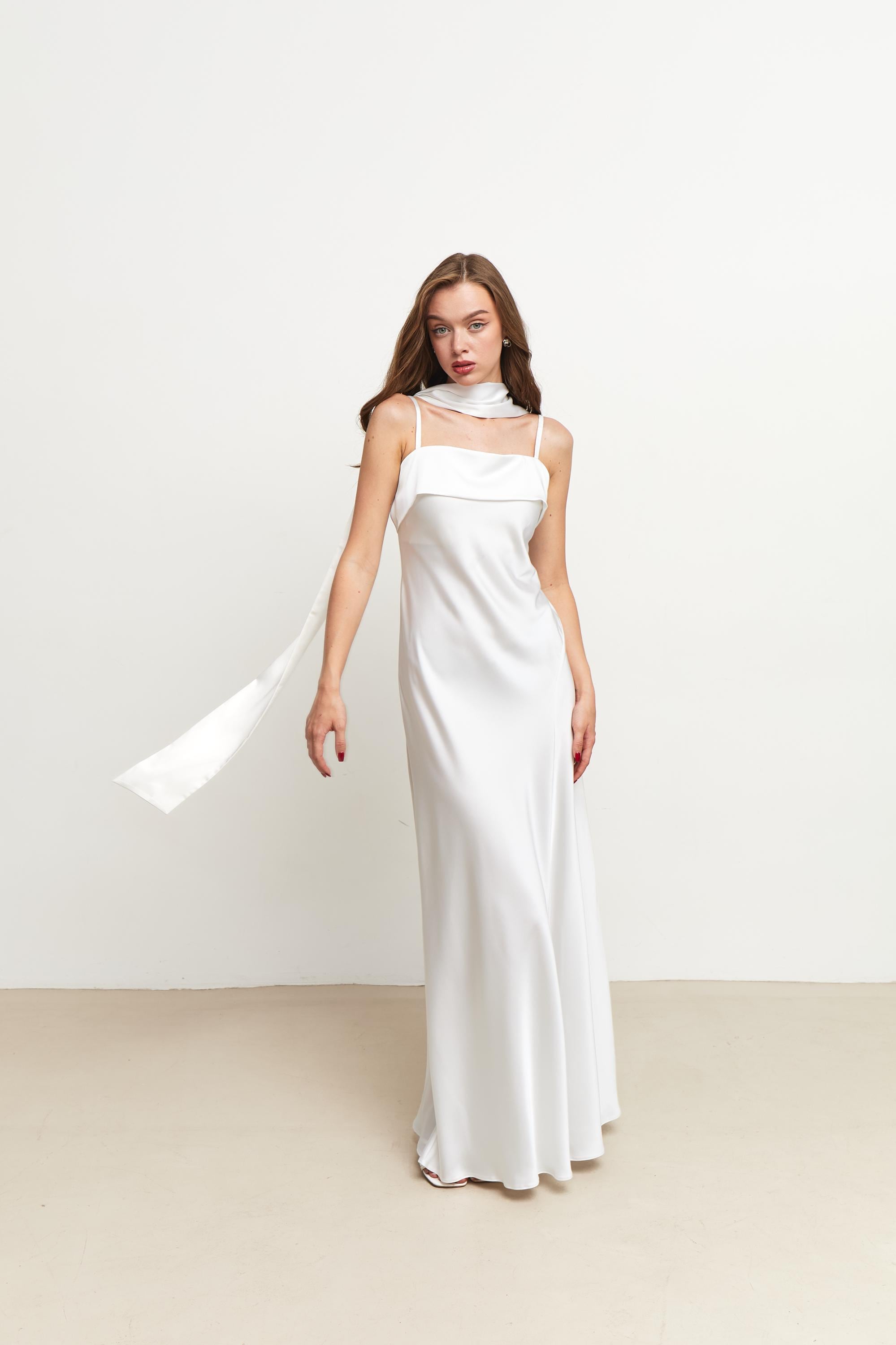 bridal shower modest dress Pearl White Satin Dress
