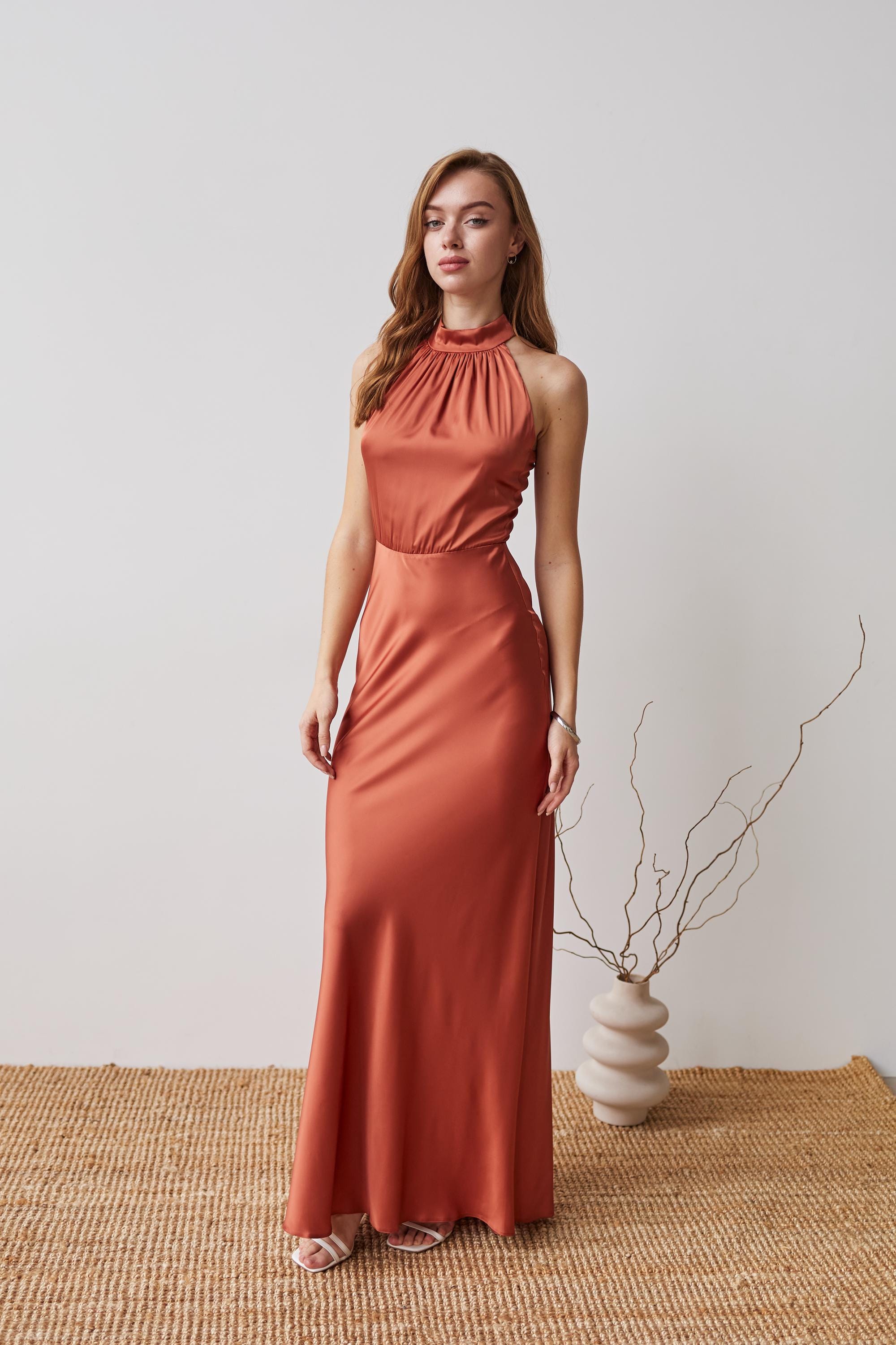 Halter Chocolate Brown Maxi Dress for Wedding Guest Hannah Dress