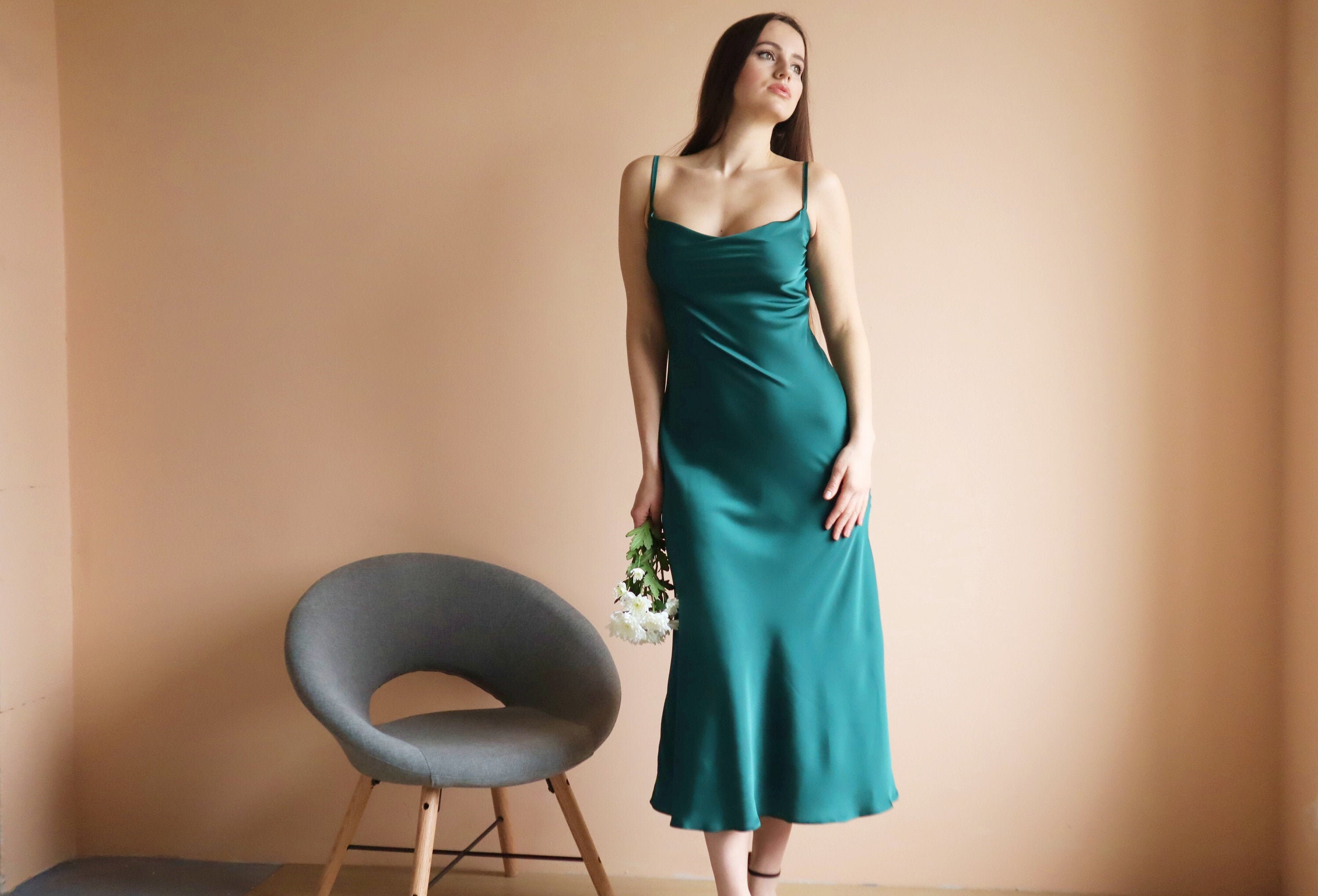 Emerald silk slip dress cowl neck ankle Silk midi dress with Etsy