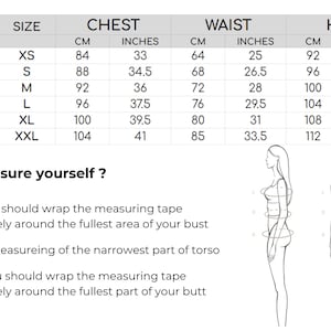 May include: Size chart for clothing with measurements in inches and centimeters. The chart includes sizes XS to XXL and measurements for chest, waist, and hips.  The chart also includes illustrations of how to measure bust, waist, and hips.