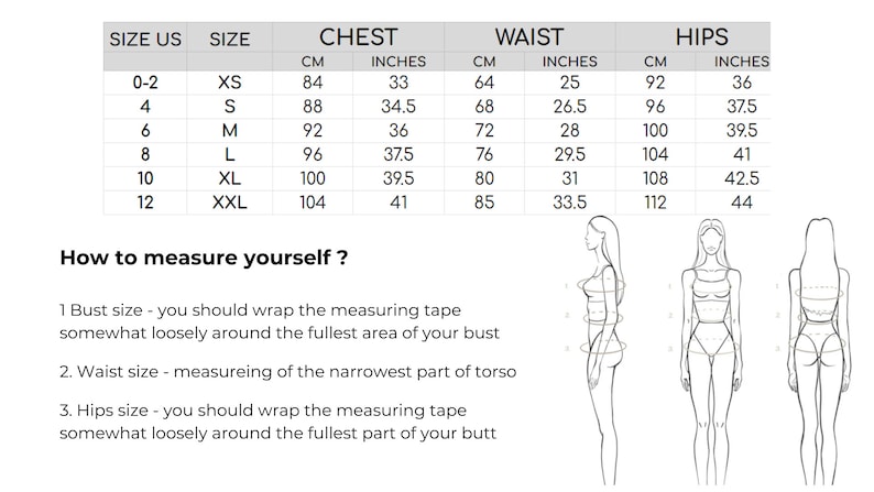 May include: Size chart for clothing with measurements in inches and centimeters. The chart includes sizes XS to XXL and measurements for chest, waist, and hips.  The chart also includes illustrations of how to measure bust, waist, and hips.