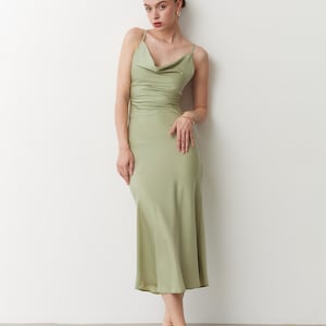 Sage green silk slip midi dress lace back Light green off shoulder Elegant pistachio dress special Dress bridesmaid wedding Chloe dress Sage green on photo