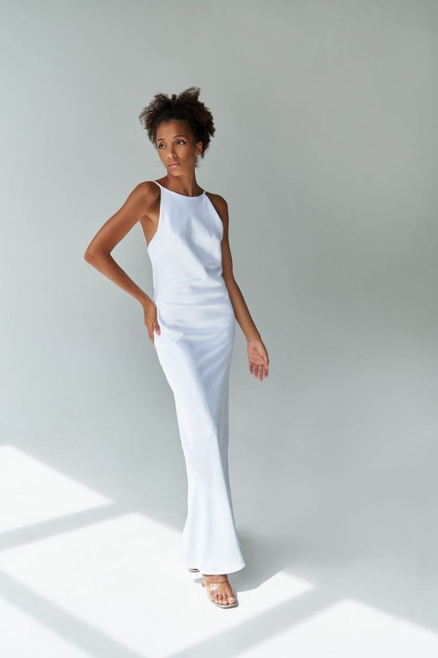 white silk rehearsal dinner dress Ivory Mermaid Boat Neck Satin Maxi Rehearsal Dinner Dress