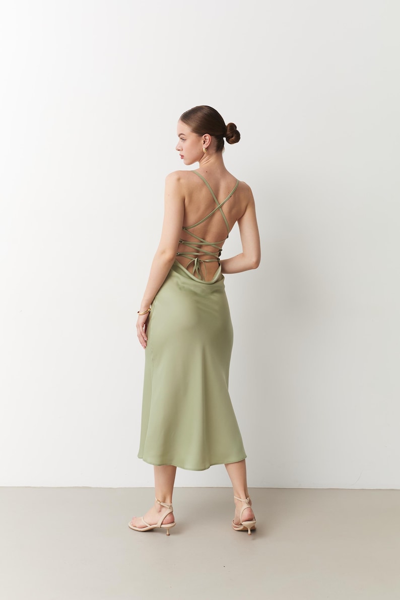 Sage green silk slip midi dress lace back Light green off shoulder Elegant pistachio dress special Dress bridesmaid wedding Chloe dress image 3