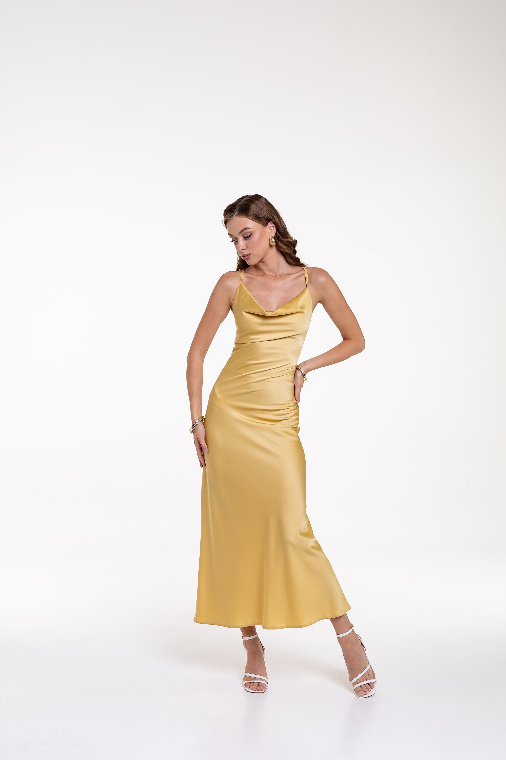 Silver V-neck Satin Bridesmaid Dress Midi Long Dress Trends Dress