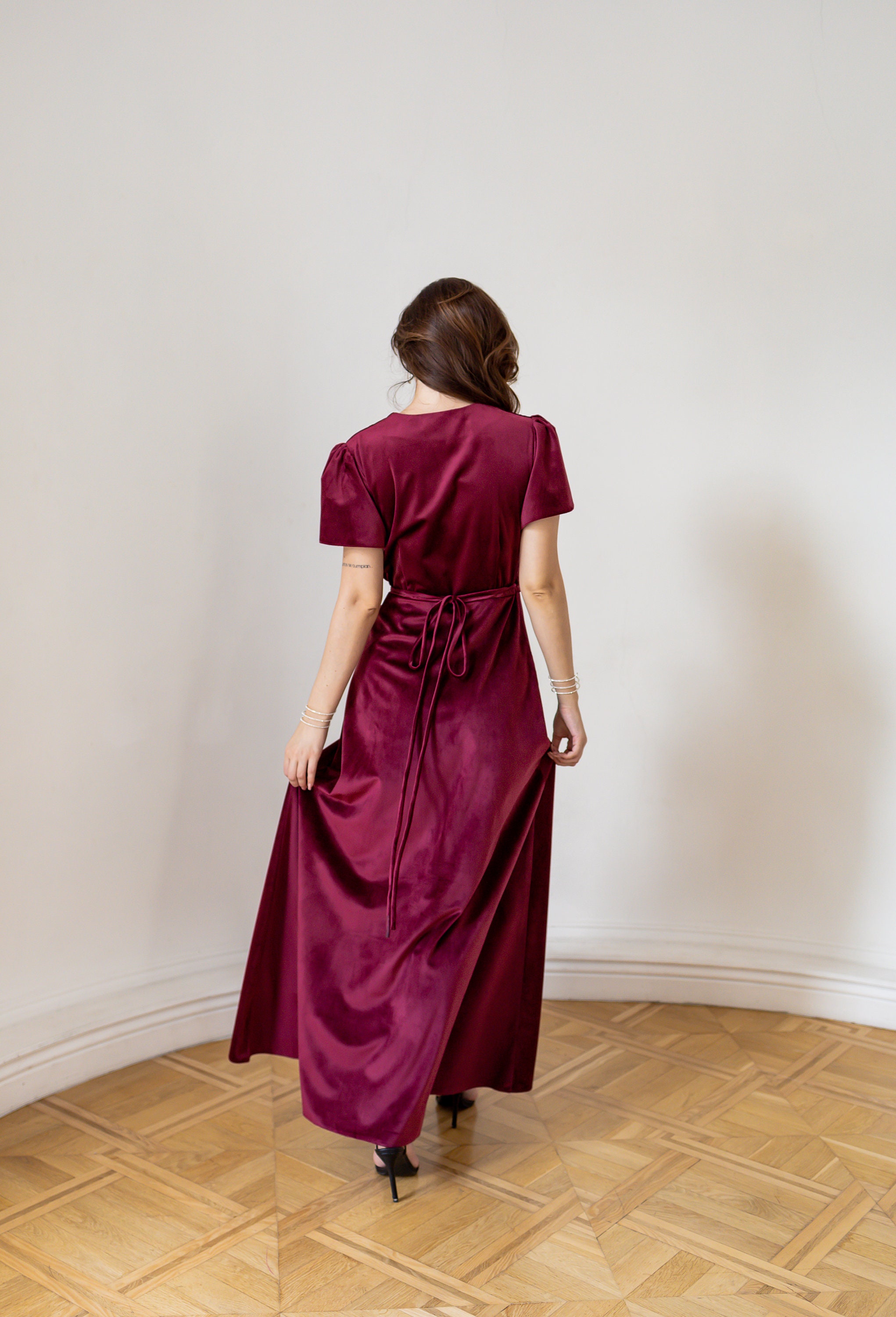 Burgundy velvet dress Bridesmaid velvet dress Dark red dress Modest formal dress Wrap velvet dress Evening maxi dress Miranda dress