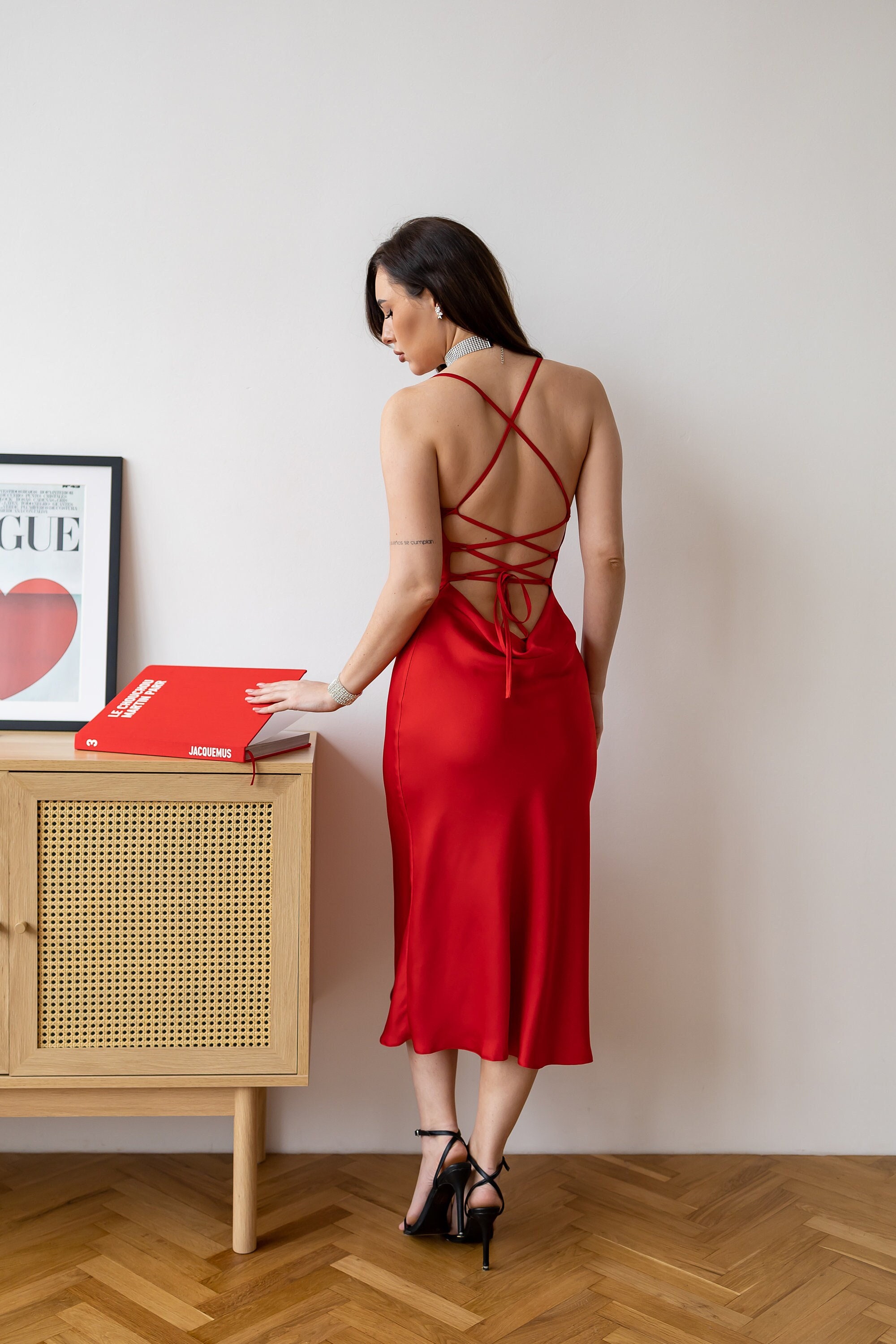 Red Satin Slip Midi Dress Lace Back Red Satin Evening Dress Backless Elegant Red Dress Wedding Guest Dress Bridesmaid Wedding Chloe Dress Etsy