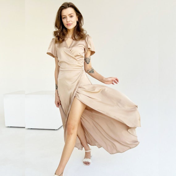 Buy Gold Silk Dress With Short Sleeve Bridesmaid Wrap Maxi Dress With  V-neck Gold Bridesmaid Dress Wrap Dress Silk Long Dress Miranda Dress  Online in India - Etsy