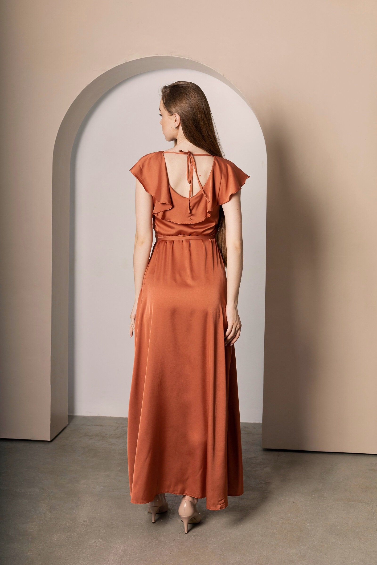Rust Copper Silk Dress Maxi Lenght for Bridesmaid Rust Orange Etsy