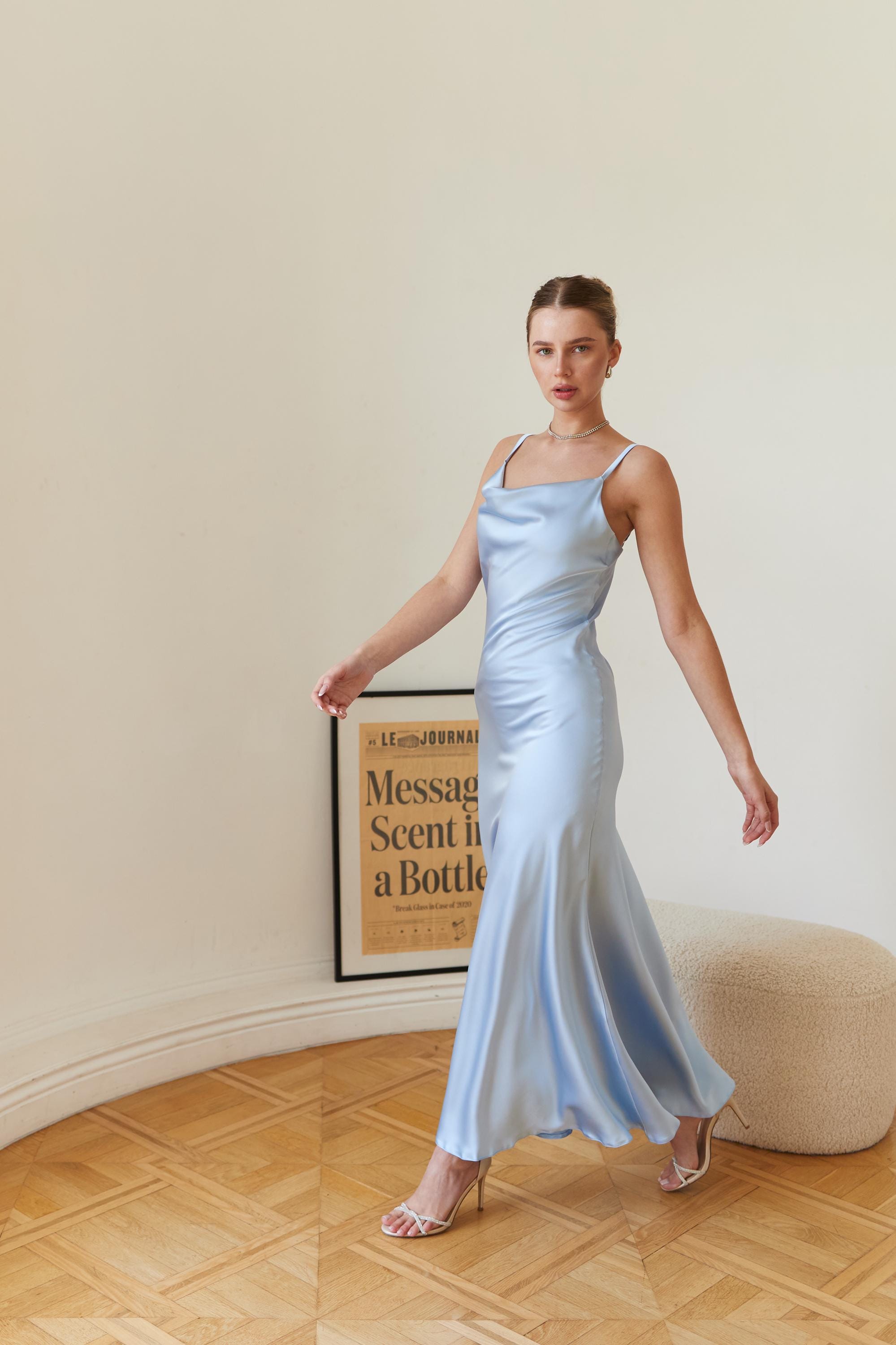 light blue satin slip dress Light Blue Satin Slip Midi Dress with Decorative Buttons and Front Slit