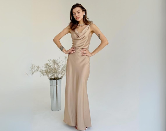 Prom dress gold Cowl neck silk dress Maxi formal dress Elegant silk long dress for birthday silk dress date night outfit Paula dress