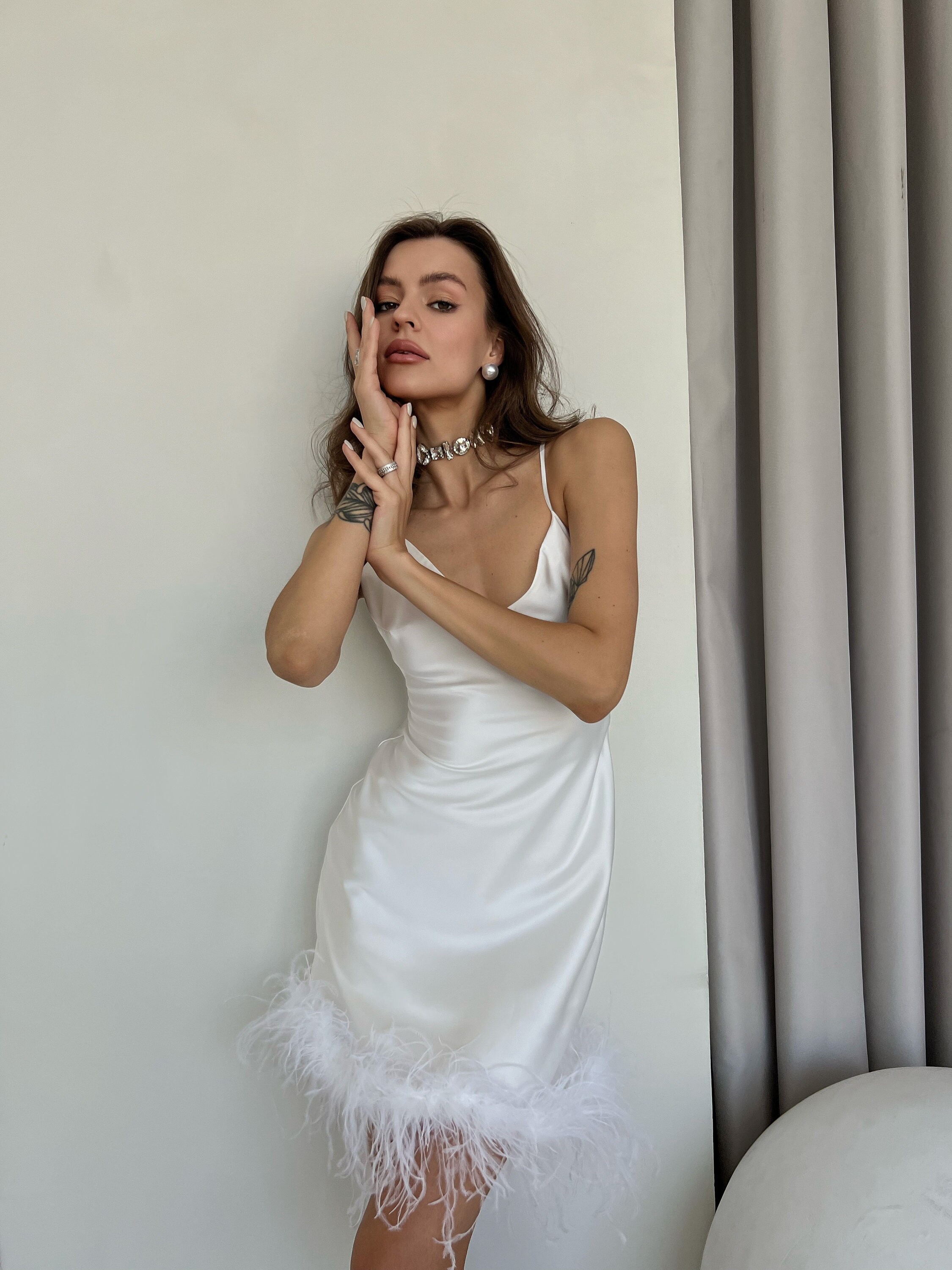 Elopement Dress Feather Dress Simple Wedding Mini Dress Vegas Wedding White Silk Dress Bridal Shower Short Dress Lisa Dress