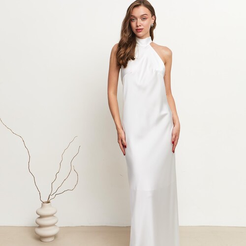Ivory Satin Halter Maxi Wedding Dress with Open Back