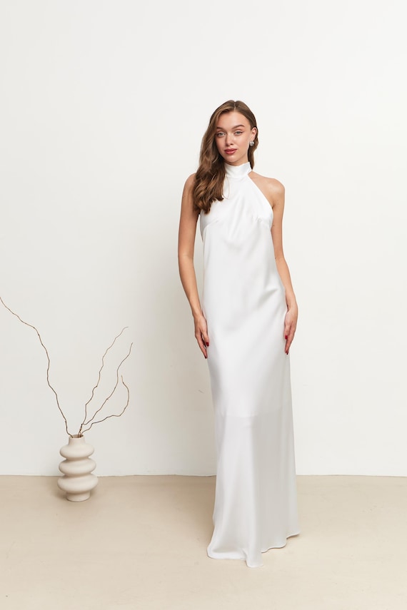 Ivory Satin Halter Maxi Wedding Dress With Open Back - Etsy