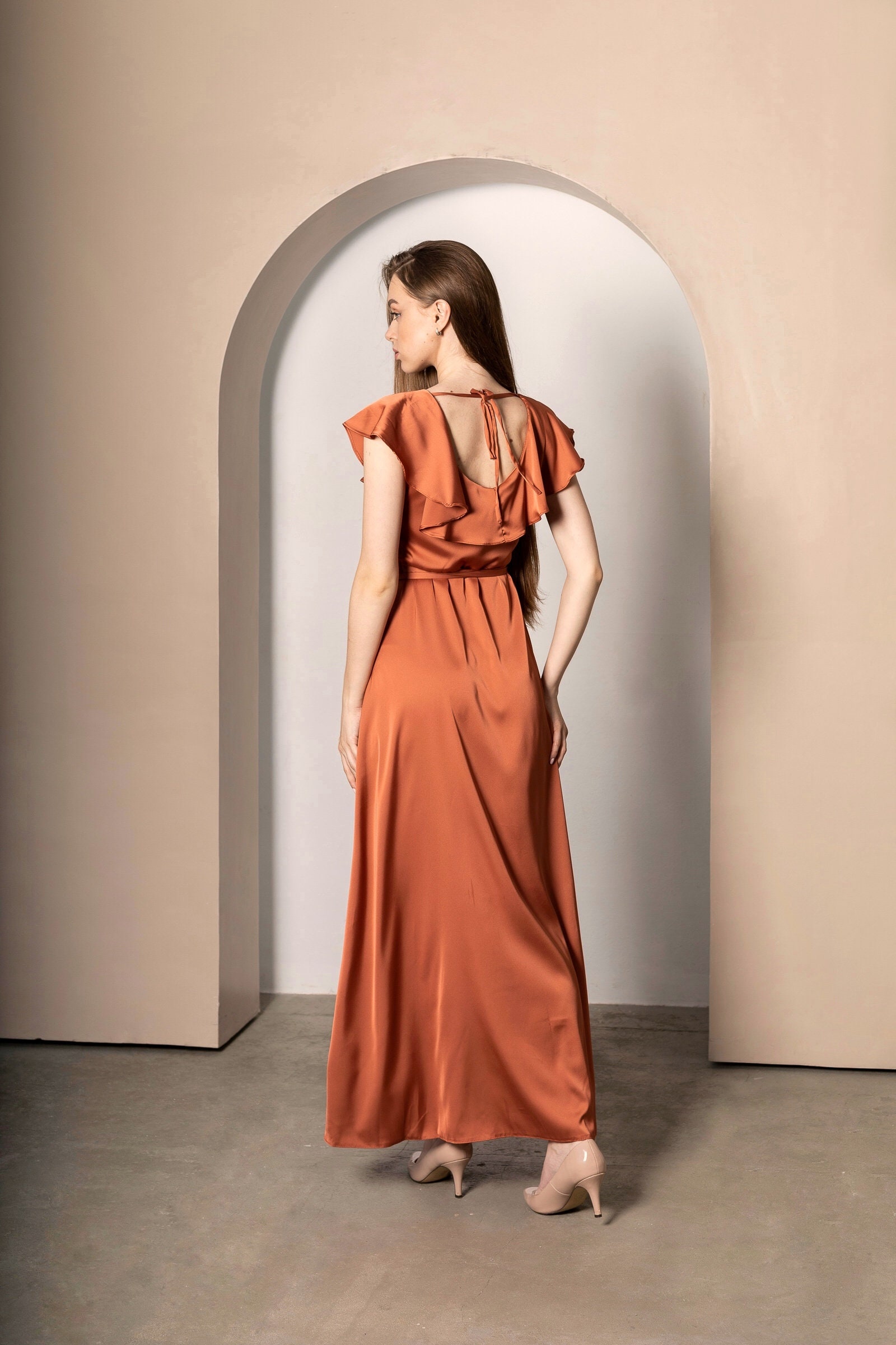 Rust Copper Silk Dress Maxi Lenght for Bridesmaid Rust Orange Etsy