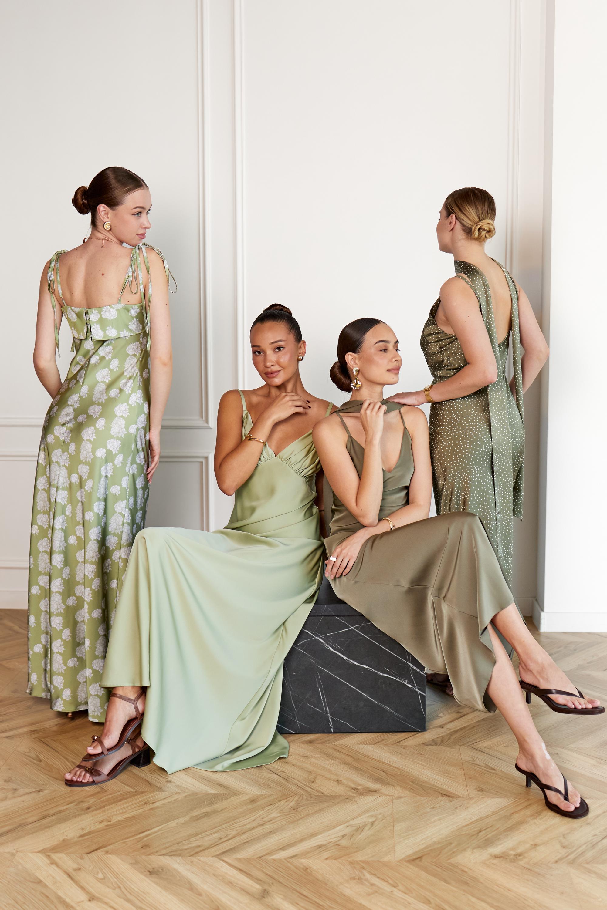 mismatched bridesmaid dresses green Spring+ Summer Wedding Trends We're Thinking About  Mismatched bridesmaid  dresses in layered shades of green that are effortless, elevated, and  perfectly in tune with the season. From soft sage to deep