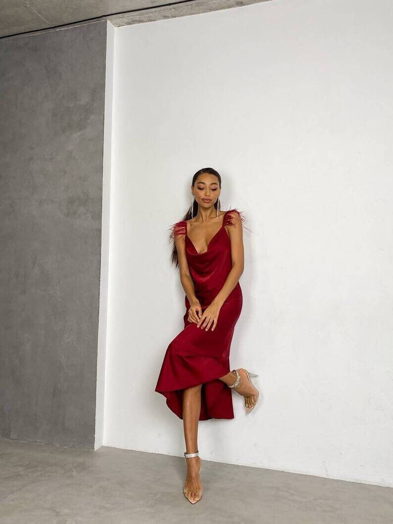Burgundy Silk Slip Dress With Feathers Satin Sexy Dress With Ostrich  Feathers Dark Red Special Occasions Midi Dress Kelly Feathers Dress - Etsy