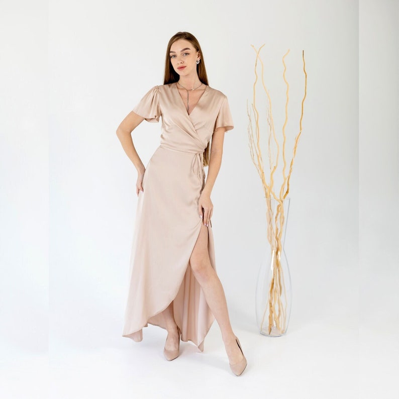 Graduation dress Bridesmaid dress plus size Wrap dress Maxi modest dress Prom dress Bridesmaid dress wrap Short sleeve champagne satin dress image 1