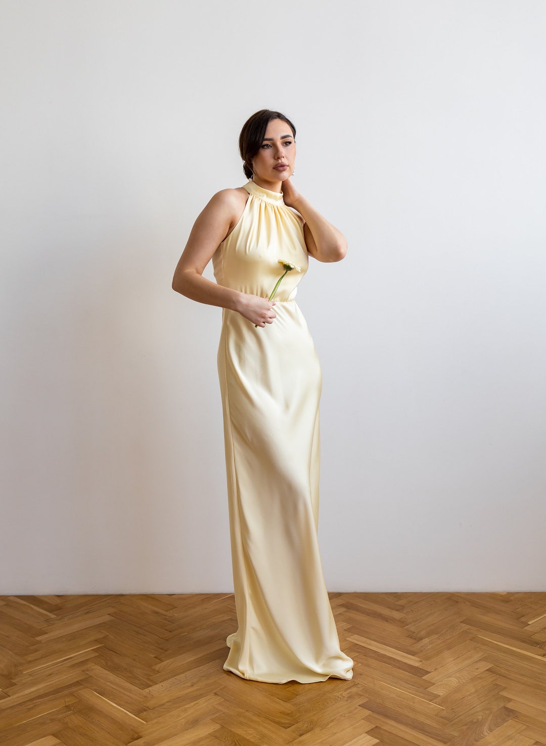 Straps Yellow Soft Satin Long Party Dress main image 1