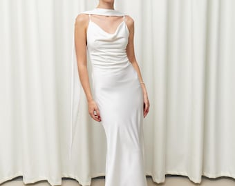 Open back wedding dress Simple bridal rehearsal dress Reception dress Ivory satin dresses Slip civil wedding gown Bridal shower long gown